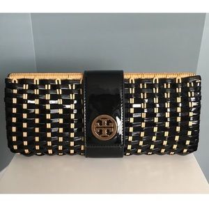 Tory Burch Straw Patent Leather Rattan Clutch